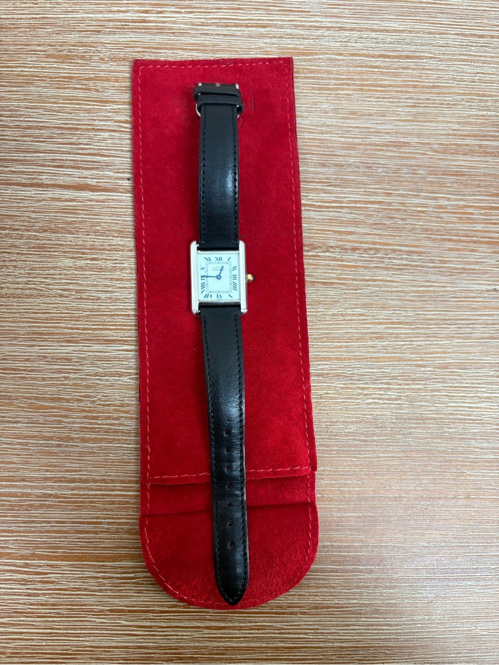 Vintage Cartier Tank Quartz Watch with Black Leather Strap